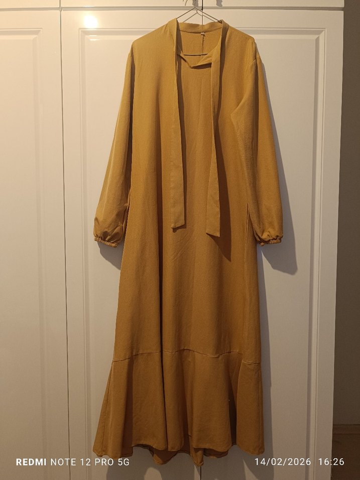 Bej Uzun Keten Elbise Yüksek Yakalı - Görsel 3