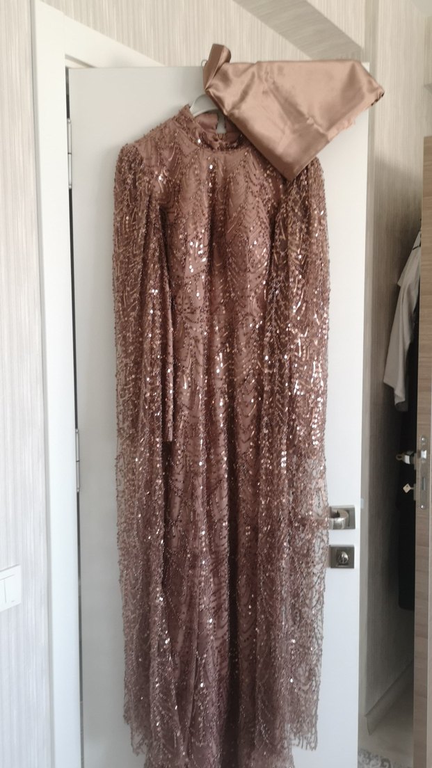 kahverengi İşlemeli Uzun Kollu Kadın abiye - Görsel 2