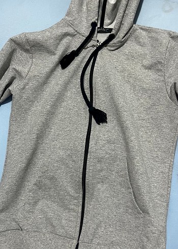 Gri Kapüşonlu Fermuarlı kadın Sweatshirt - Görsel 5