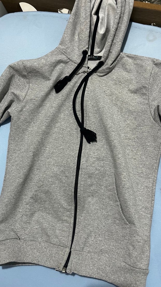 Gri Kapüşonlu Fermuarlı kadın Sweatshirt - Görsel 5