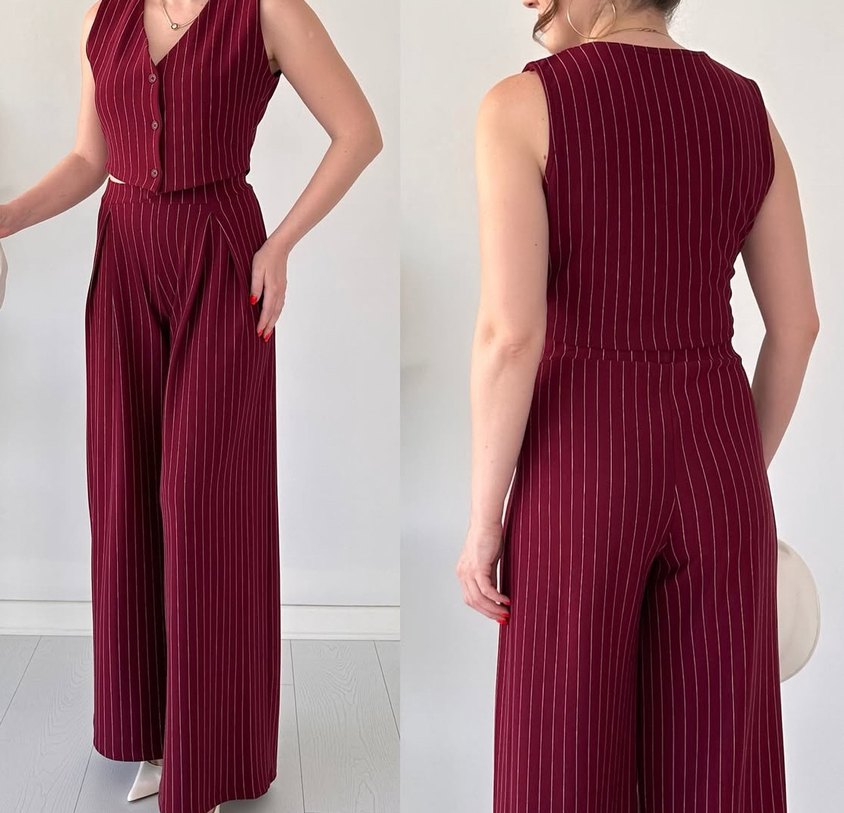 Bordo Çizgili Kadın Takım Elbise - Görsel 3