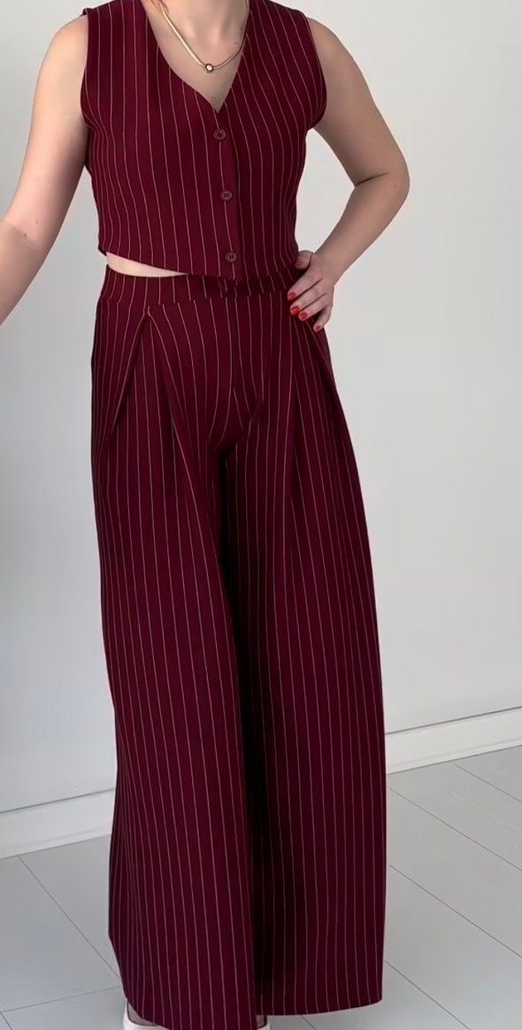 Bordo Çizgili Kadın Takım Elbise - Görsel 2