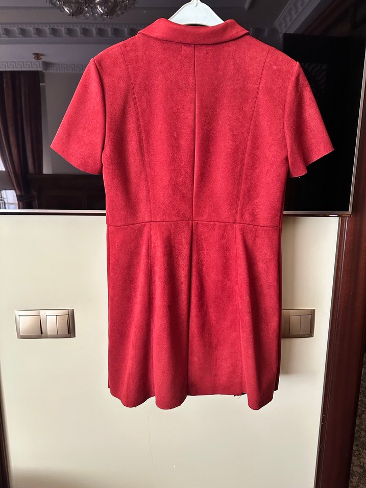 zara Kısa Kollu Kırmızı Süet Midi Elbise - Görsel 3