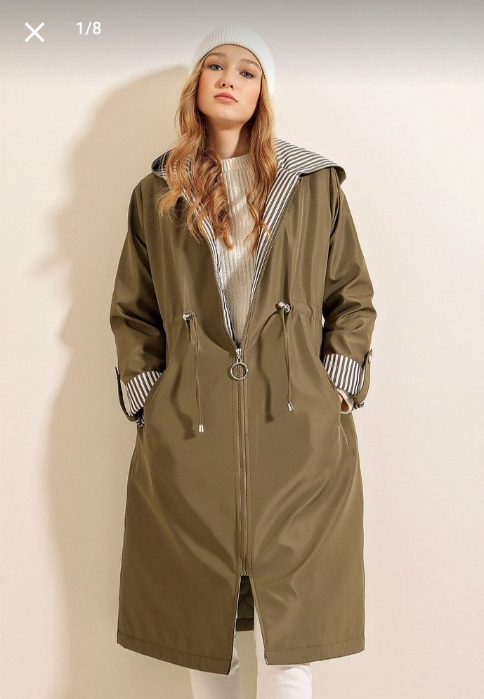 Bigdart beli büzgülü kapşonlu trençkot - Görsel 2