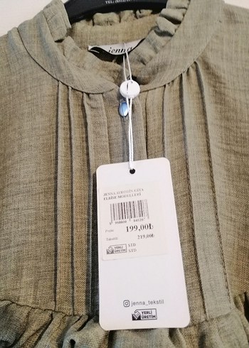 l Beden Bej Renkli Uzun Kollu Keten Elbise