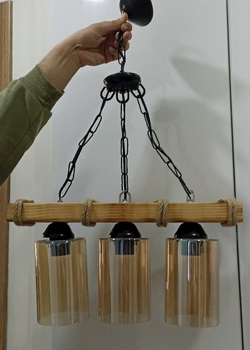 Otantik Renkli Ahşap ve Cam 3'lü Avize - Görsel 3