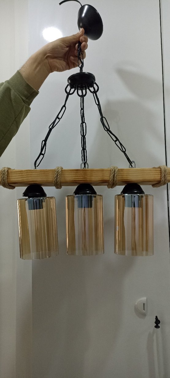 Otantik Renkli Ahşap ve Cam 3'lü Avize - Görsel 4