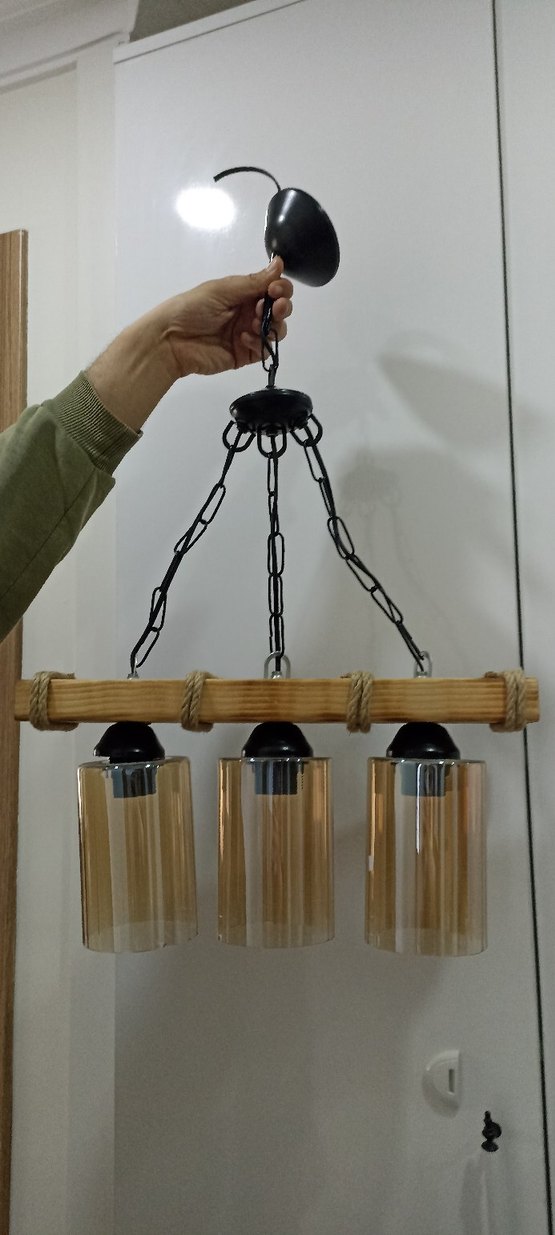 Otantik Renkli Ahşap ve Cam 3'lü Avize - Görsel 3