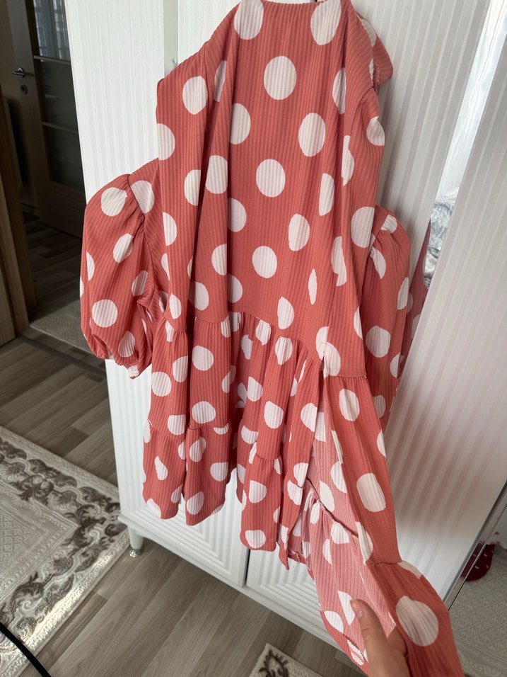 Kiremit puantiyeli Mini V Yaka Bluz ve yirtmacli etek ikili taki - Görsel 3