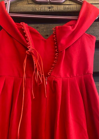 Kırmızı V Yaka Uzun Drapeli Elbise - Görsel 5