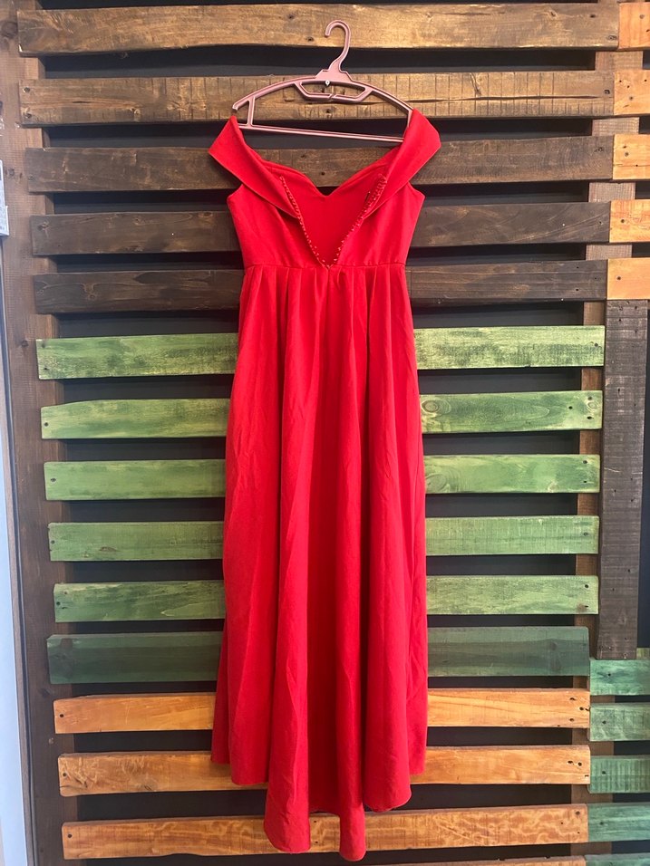 Kırmızı V Yaka Uzun Drapeli Elbise - Görsel 2