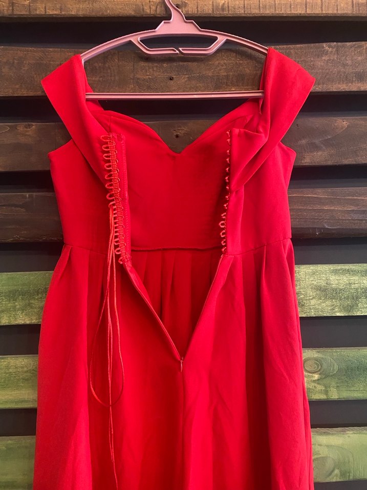 Kırmızı V Yaka Uzun Drapeli Elbise - Görsel 4