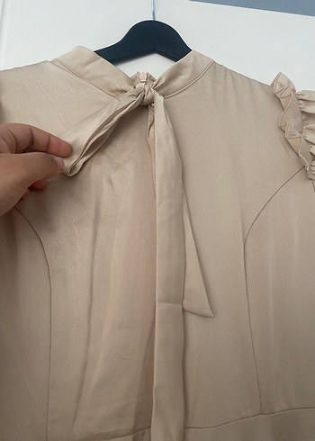 Bej Uzun Kollu Volanlı Kadın Uzun Elbise - Görsel 4