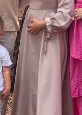 Abiye Bej Drapeli Uzun Kollu Tesettür Nişan Elbisesi