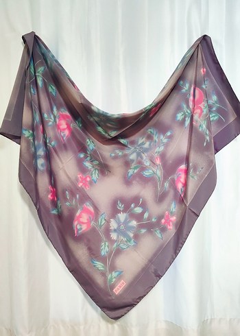 Mor Pastel Çiçekli İpek Kadın Fular - Görsel 5