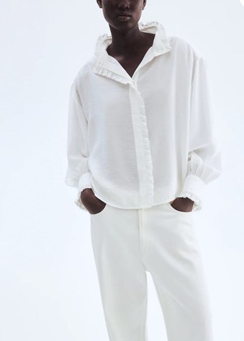 H&M Beyaz Kadın Fırfırlı Gömlek.M BEDEN - Görsel 3