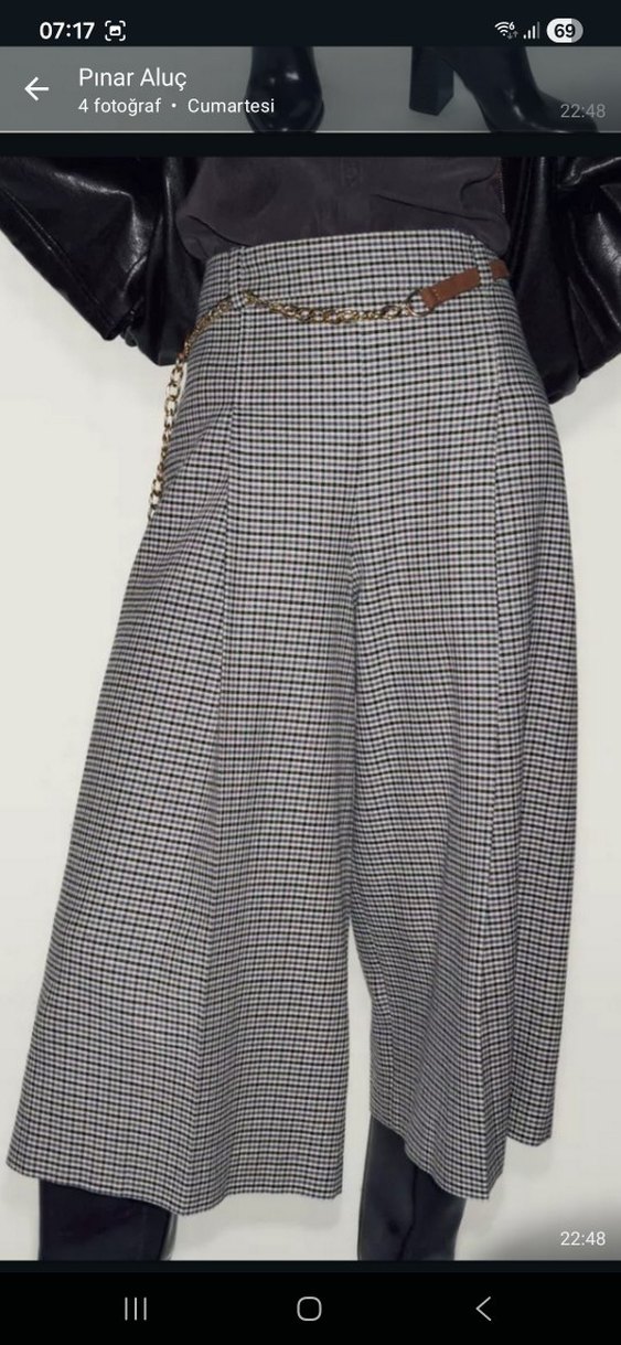 ZARA BAYAN Gri Ekose Desenli Geniş Paça Pantolon.42 BEDEN - Görsel 2