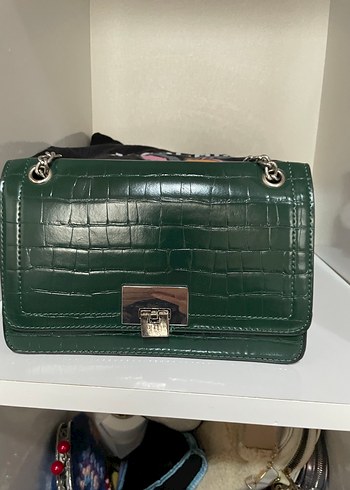 Krokodil Desenli Koyu Yeşil Deri Kadın Çanta - Görsel 3