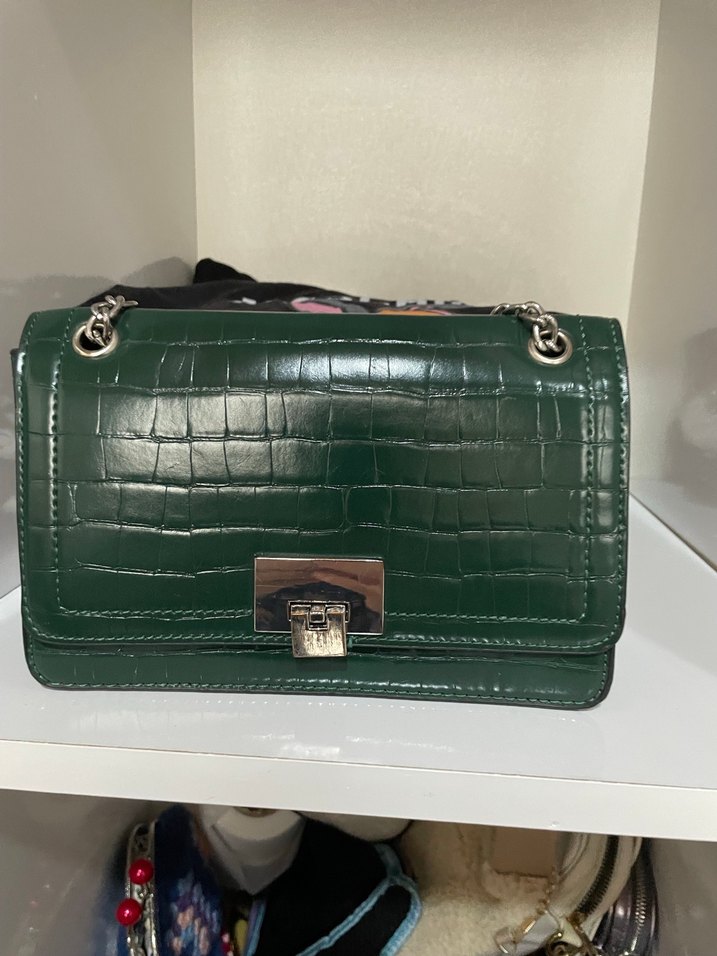Krokodil Desenli Koyu Yeşil Deri Kadın Çanta - Görsel 3