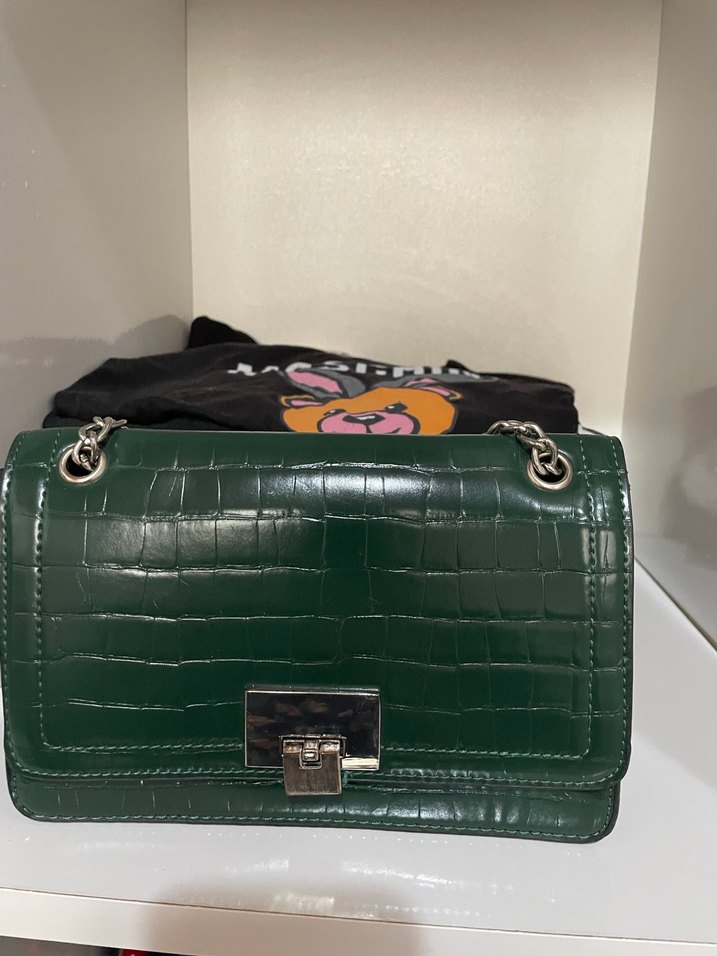 Krokodil Desenli Koyu Yeşil Deri Kadın Çanta - Görsel 2