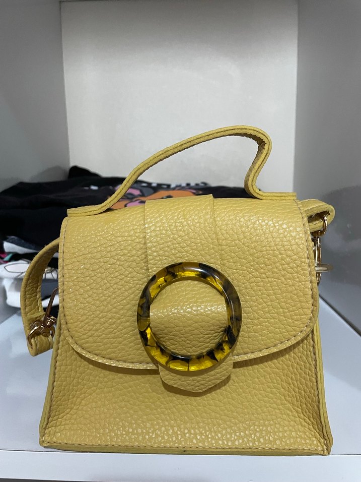 Sarı Deri Tokalı Kadın Çantası - Görsel 2