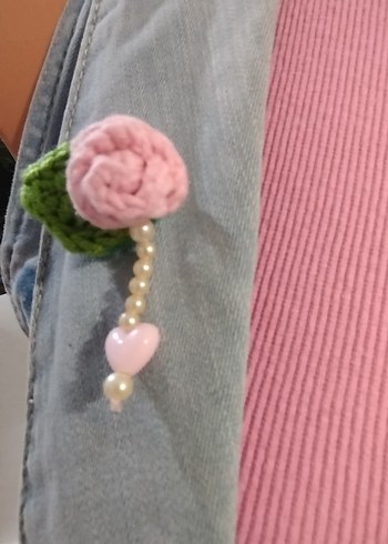 Örgü Pembe Çiçek Boncuklu Broş - Görsel 4