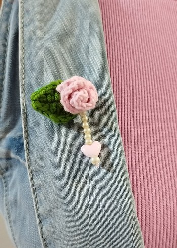 Örgü Pembe Çiçek Boncuklu Broş - Görsel 2