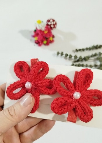 Kırmızı Örgü Çiçekli Çocuk Toka Seti(iki tane toka) - Görsel 2
