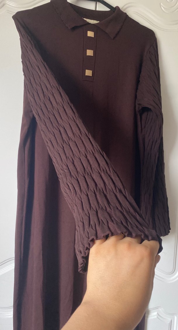 Kahverengi Uzun Keten Kadın Elbise - Görsel 3