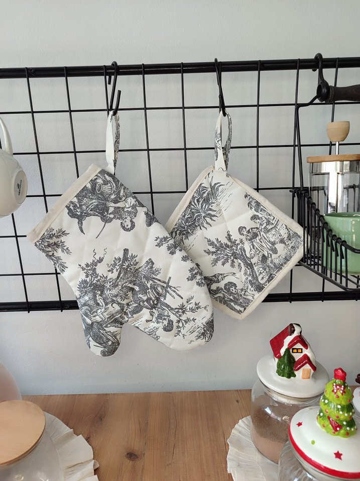 Beyaz ve Gri Desenli Fırın Eldiveni ve Tutacak Seti - Görsel 4