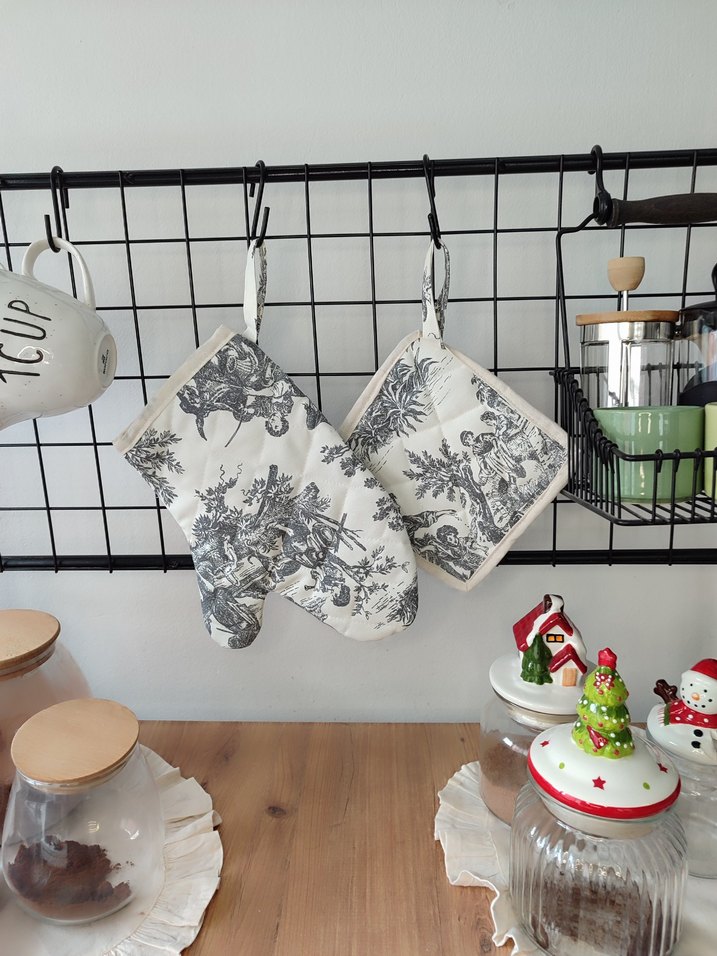 Beyaz ve Gri Desenli Fırın Eldiveni ve Tutacak Seti - Görsel 2