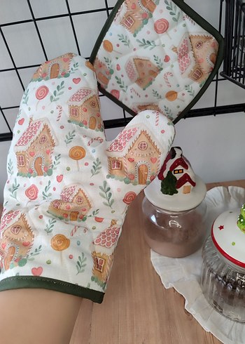 Yılbaşı evi desenli Mutfak Eldiveni Seti - Görsel 7