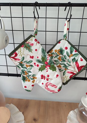 Yeniyıl çiçeği kokina desen Fırın Eldiveni Seti - Görsel 4