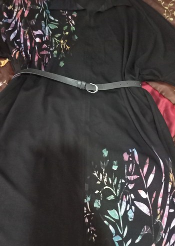 Desenli Siyah Deri Kemerli Uzun Elbise - Görsel 4