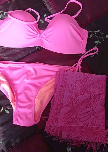42 Beden pembe Renk Penti Bikini Pembe İpli Kadın Bikini Takımı beden.