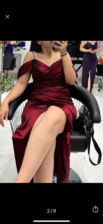 Bordo Saten elbise - Görsel 2