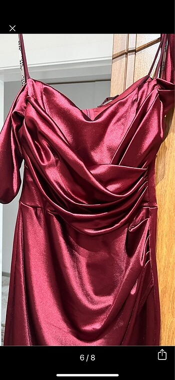 Bordo Saten elbise - Görsel 6