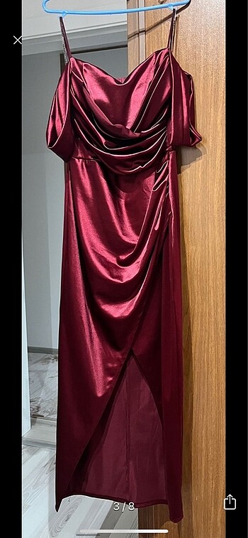 Bordo Saten elbise - Görsel 3