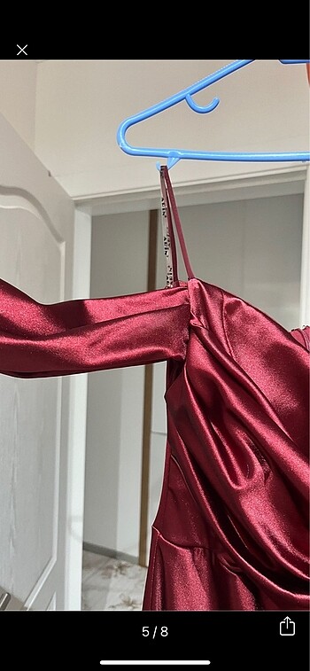 Bordo Saten elbise - Görsel 5