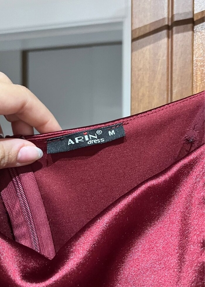 Bordo Saten elbise - Görsel 4