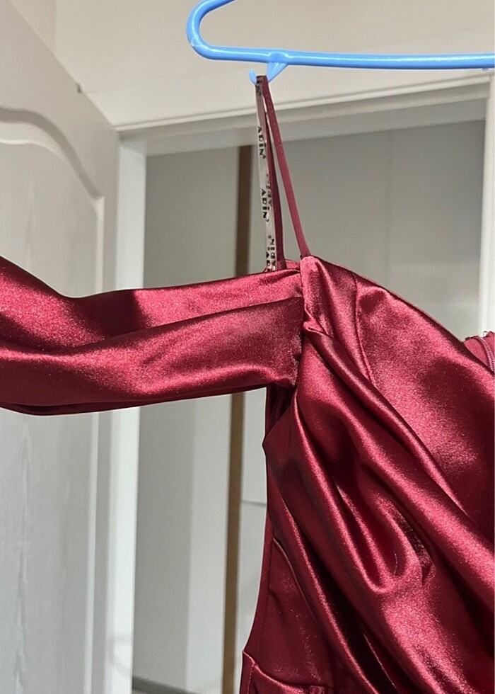 Bordo Saten elbise - Görsel 5