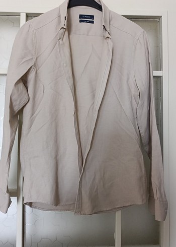 Bej Keten Erkek Gömlek, Düğmeli, Uzun Kollu - Görsel 2