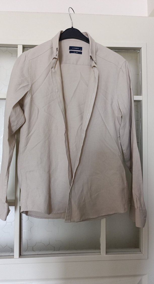 Bej Keten Erkek Gömlek, Düğmeli, Uzun Kollu - Görsel 2