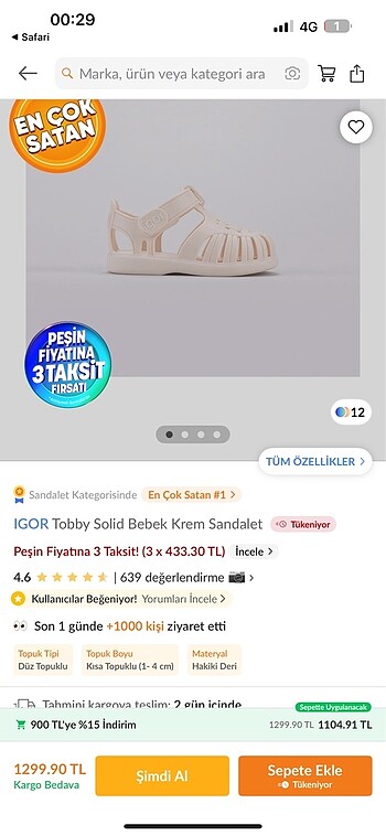 24 Beden ten rengi Renk İgor unisex bebek sandalet