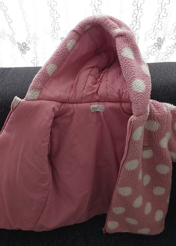 Pembe Kapüşonlu Kız Çocuk Puantiyeli Ceket - Görsel 2