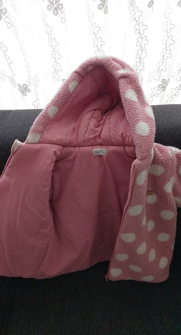 Pembe Kapüşonlu Kız Çocuk Puantiyeli Ceket - Görsel 2