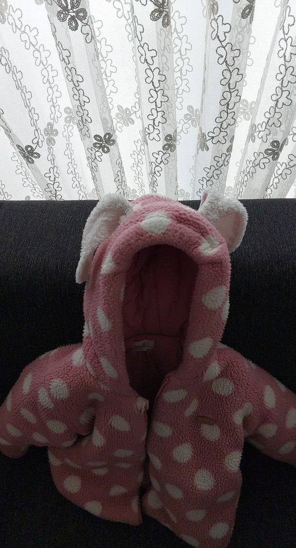 Pembe Kapüşonlu Kız Çocuk Puantiyeli Ceket - Görsel 4