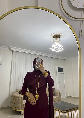 Bordo Uzun Kollu Drapeli Tesettür Abiye - Görsel 3