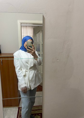 Beyaz Midi Boy Bağcıklı Kadın Ceket - Görsel 2