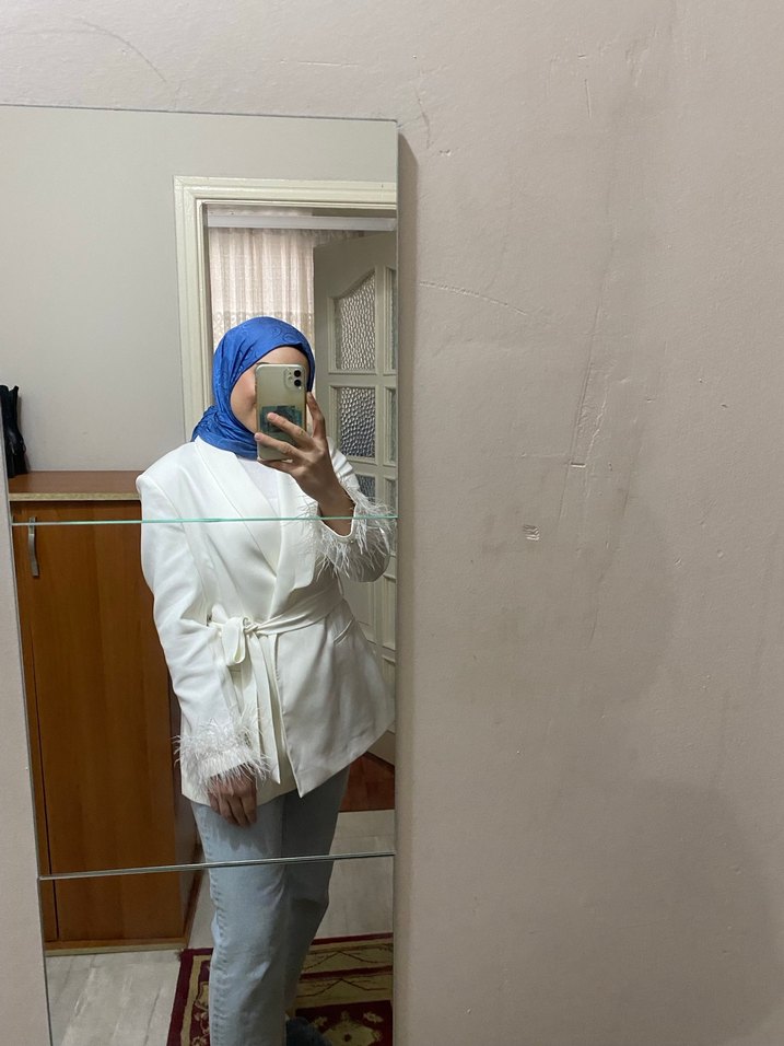 Beyaz Midi Boy Bağcıklı Kadın Ceket - Görsel 2